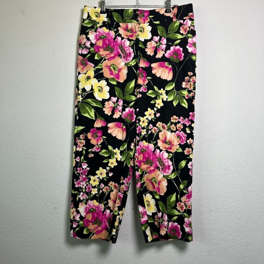 Counterparts Floral Cropped Pants 6 Black Pink Yellow Women Cottagecore Straight